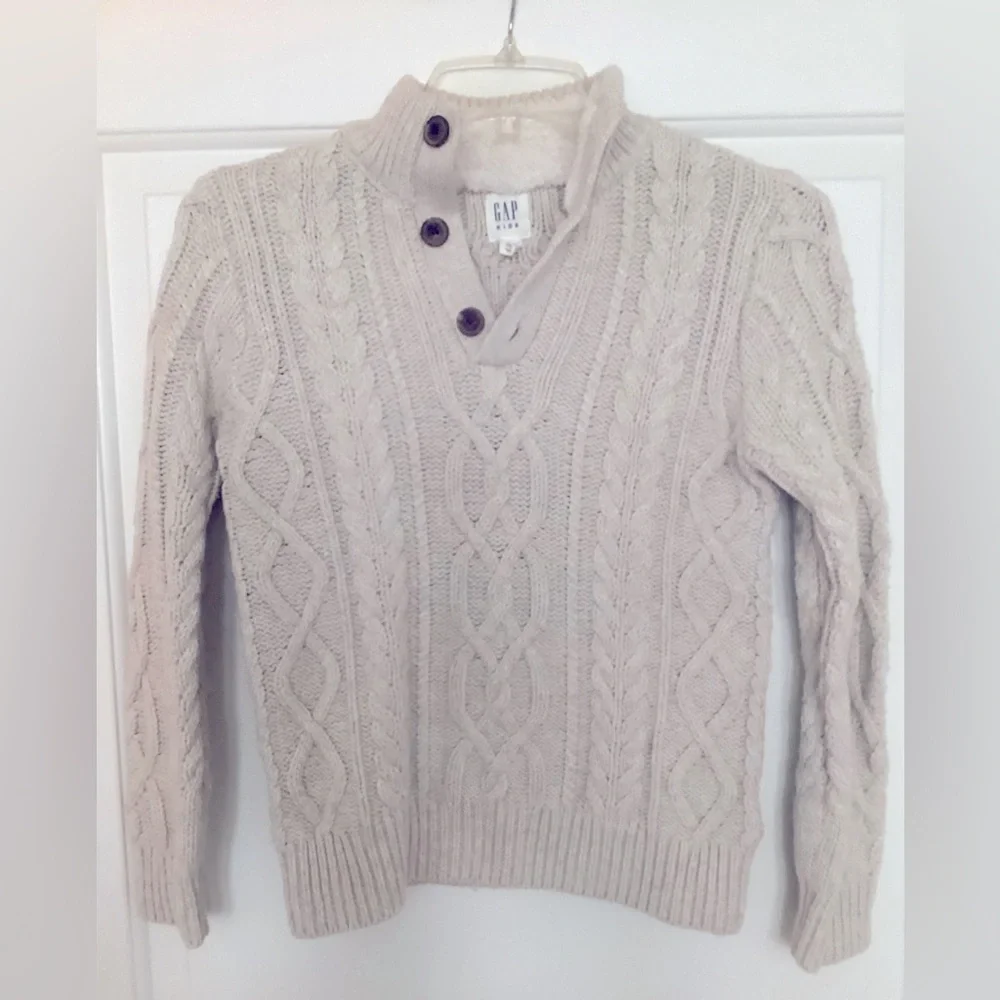 GAP Kids Boys Chunky Knit Mock Neck Button Up Sweater Cream Size Large - Picture 1 of 1